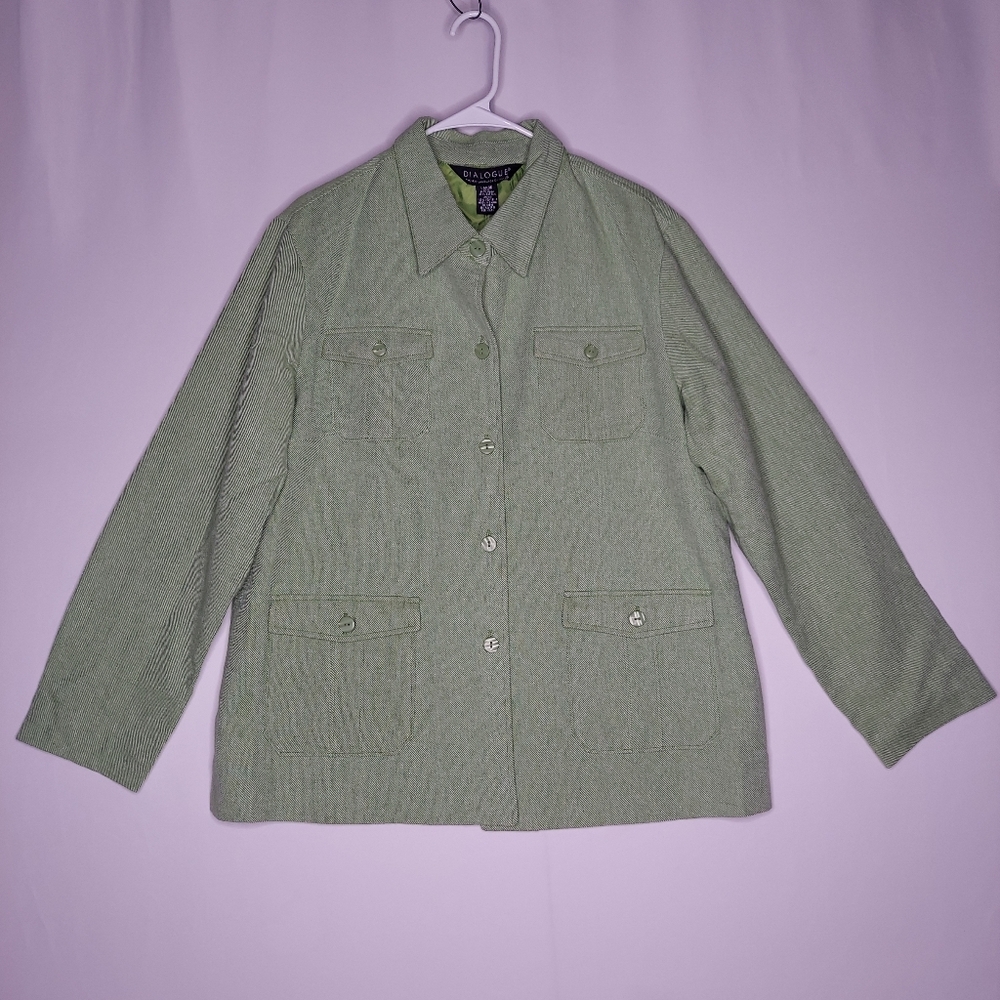 Dialogue Women‎ Linen Blend Utility Jacket Large Green Casual Classic